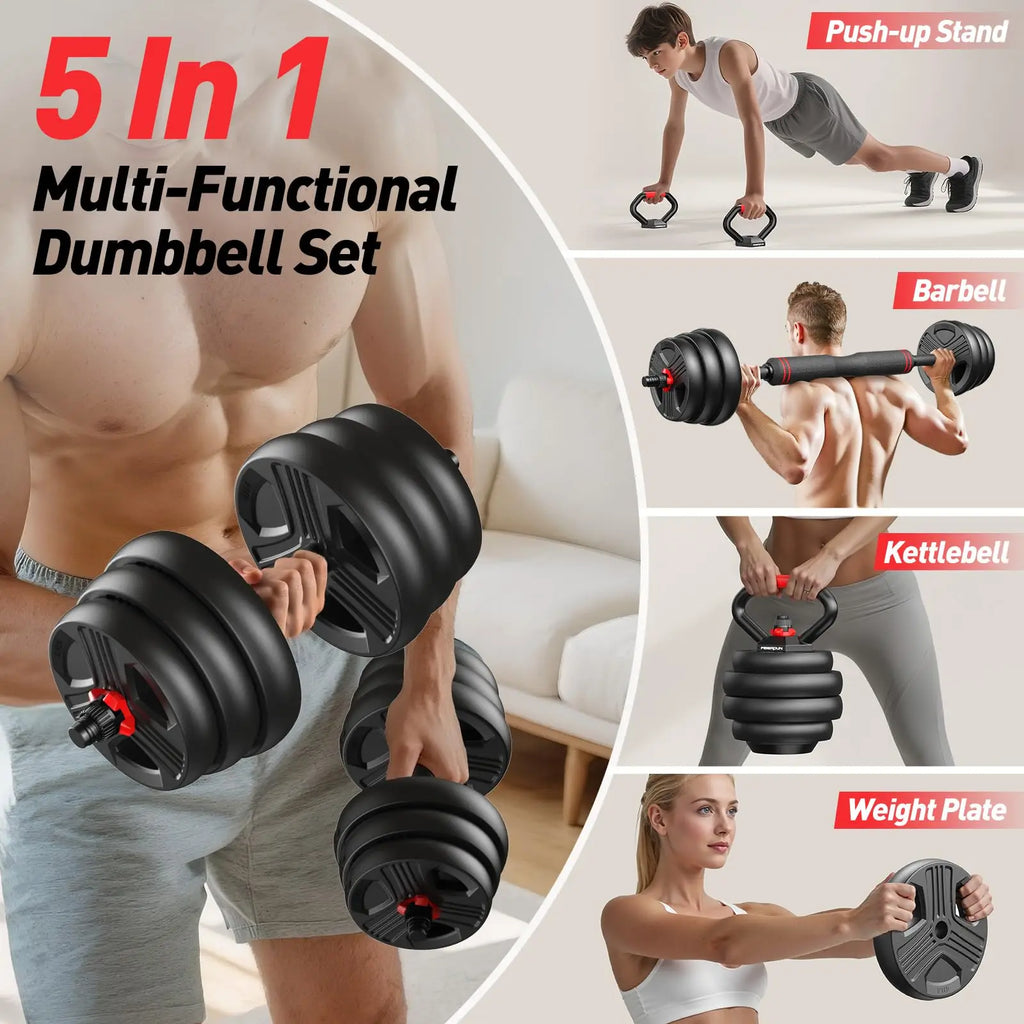 FITPLAM Adjustable 5 in 1 Free Weights Set, 20/35/45/70/90LB Dumbbell Set, Convertible to Barbell Kettlebell Push Up Stand