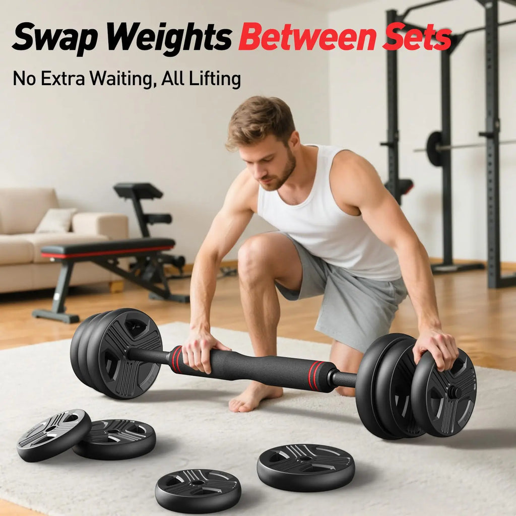 FITPLAM Adjustable 5 in 1 Free Weights Set, 20/35/45/70/90LB Dumbbell Set, Convertible to Barbell Kettlebell Push Up Stand