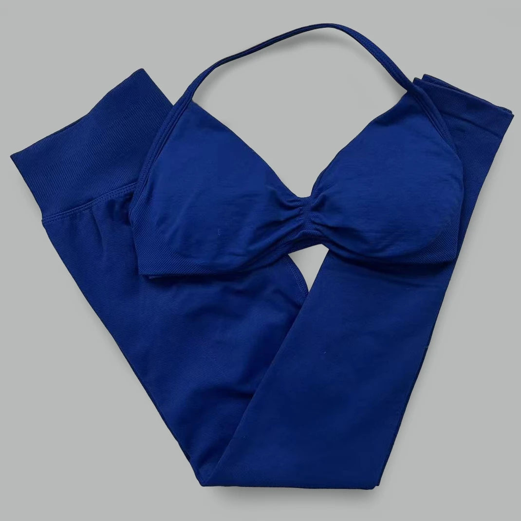 2-Piece Set Women's Seamless Clean (No Logo) Yoga Set, Halter Neck Sports Bra & High-Waisted Lifting Leggings for Gym Workouts