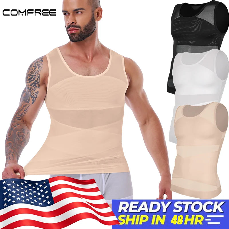 Men's Shapewear Tank Top Gynomastica Sleeveless Vest Cross Mesh Suit 3XL Compression Shirt for Men Slimming Undershirt Tummy Control Body Shaper Breathable Waist Trainer Underwear Soft Back Support Fitness