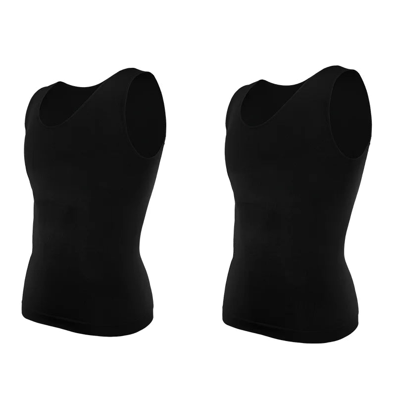 2 PCS Men Slimming Shapewear Sexy Body Shaper Posture Correct Vest Compression T-Shirt Body Building Fat Burning Chest Tummy Control Tank Top Sleeveless Under Shirt Breathable Soft Waist Trainer Round Neck Underwear