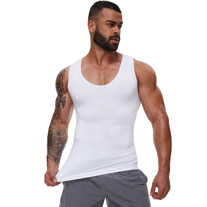 2 PCS Men Slimming Shapewear Sexy Body Shaper Posture Correct Vest Compression T-Shirt Body Building Fat Burning Chest Tummy Control Tank Top Sleeveless Under Shirt Breathable Soft Waist Trainer Round Neck Underwear