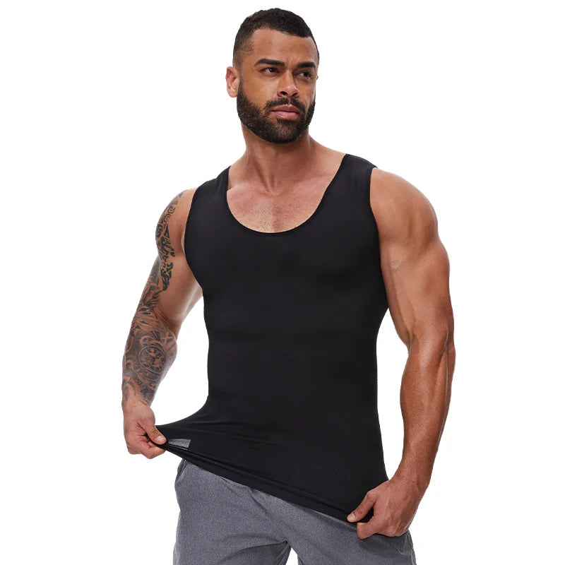 2 PCS Men Slimming Shapewear Sexy Body Shaper Posture Correct Vest Compression T-Shirt Body Building Fat Burning Chest Tummy Control Tank Top Sleeveless Under Shirt Breathable Soft Waist Trainer Round Neck Underwear