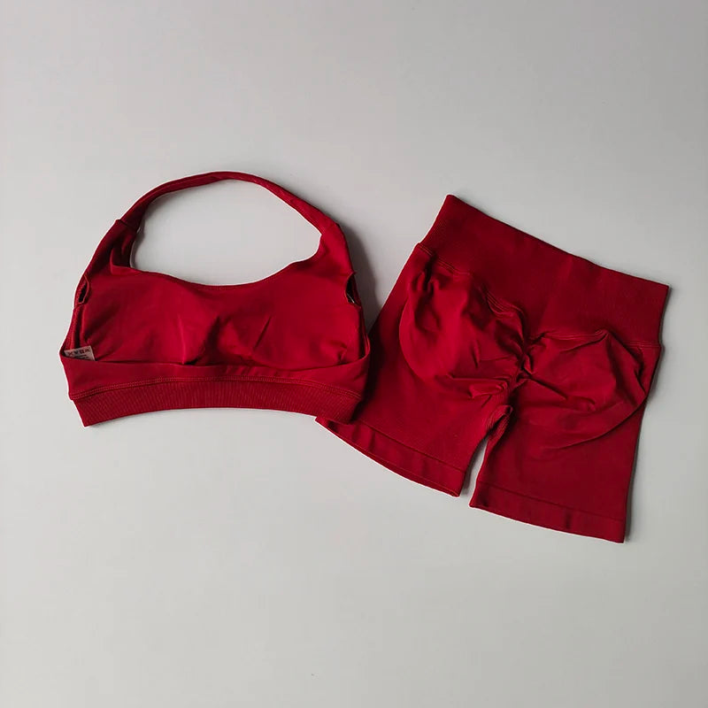 2 Pieces Yoga Suit for Women Seamless Fitness Gym Clothes Halter Sports Bra Matching Impact Shorts Workout Sets Gym Set Outfit