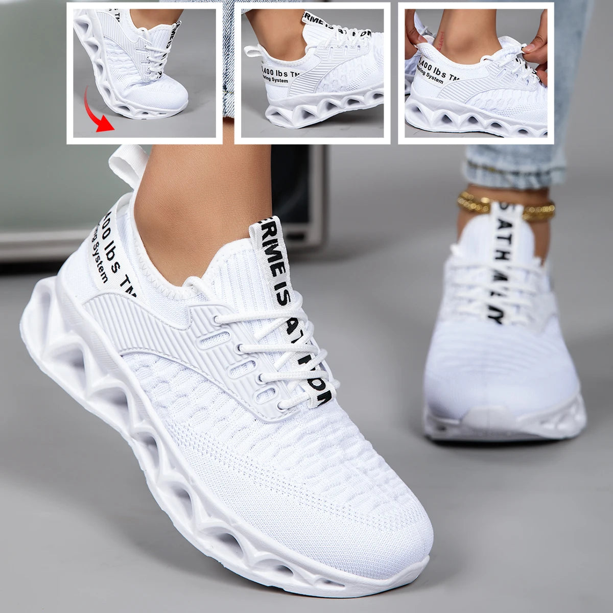 Women Blade Sole Running Sneakers Letter Print Knit Breathable Lightweight Non Slip Fashion Walking Gym Athletic Sport Shoes