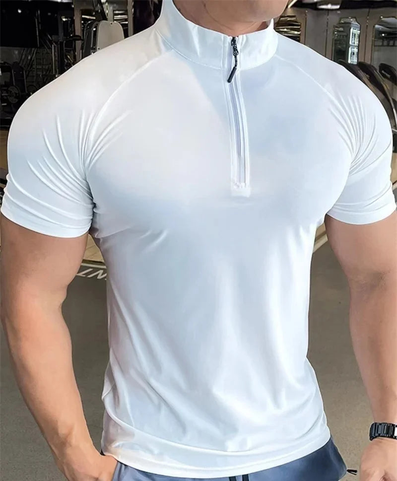 Men's sports T-shirt Quick Dry Elastic Training Running t Shirt Men Fitness short sleeve Shirt Zippered round neck Tights Tops