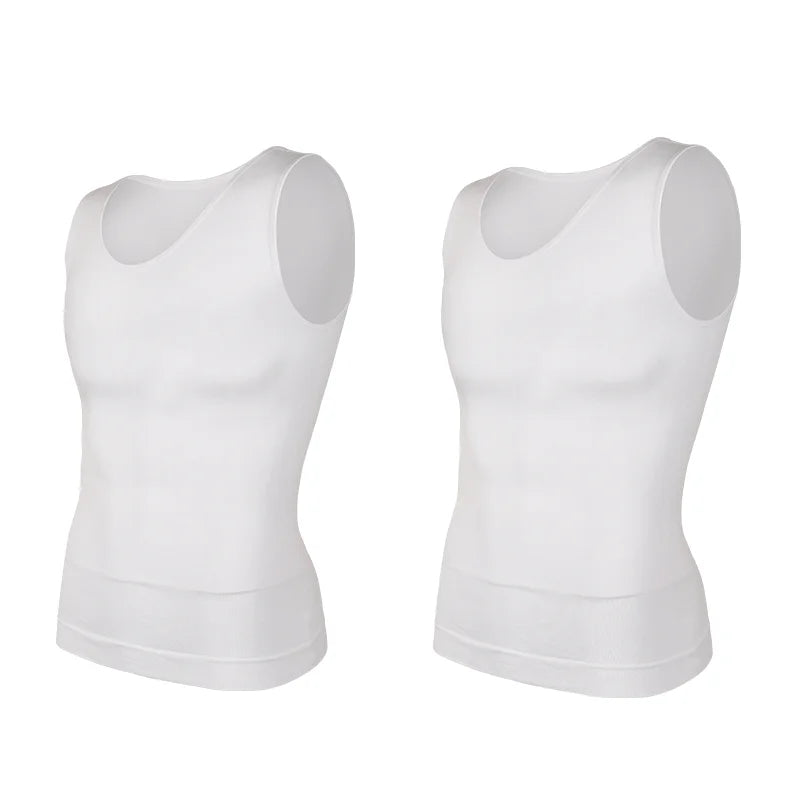 2 PCS Men Slimming Shapewear Sexy Body Shaper Posture Correct Vest Compression T-Shirt Body Building Fat Burning Chest Tummy Control Tank Top Sleeveless Under Shirt Breathable Soft Waist Trainer Round Neck Underwear
