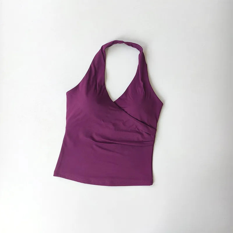 Sexy V-neck Cross Halter Neck Yoga Vest Sleeveless Sports Bra with Chest Pad Naked Sense Fitness Top Beauty Back Design Out Wear