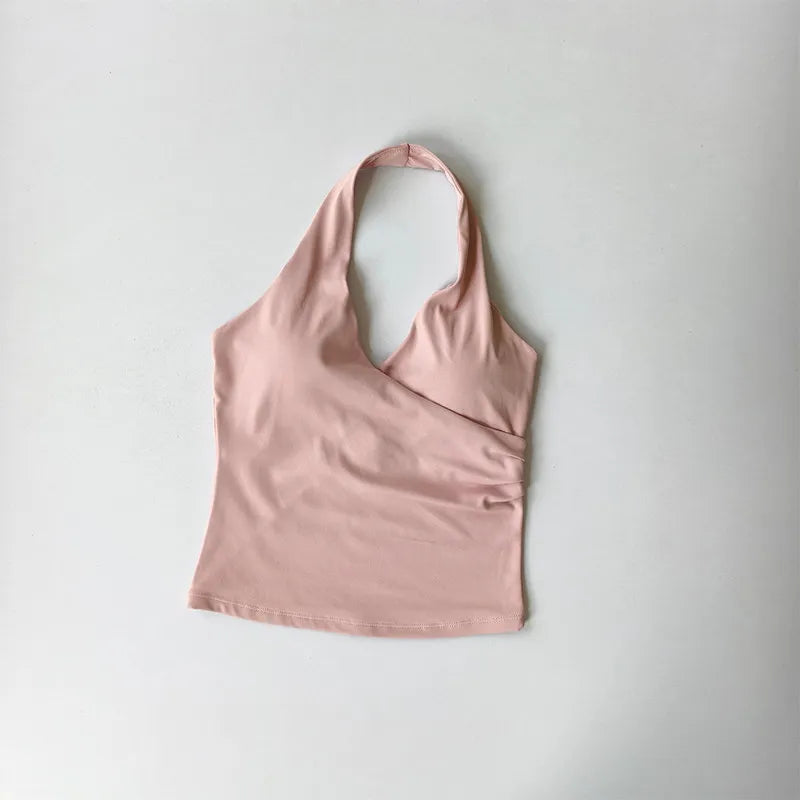 Sexy V-neck Cross Halter Neck Yoga Vest Sleeveless Sports Bra with Chest Pad Naked Sense Fitness Top Beauty Back Design Out Wear