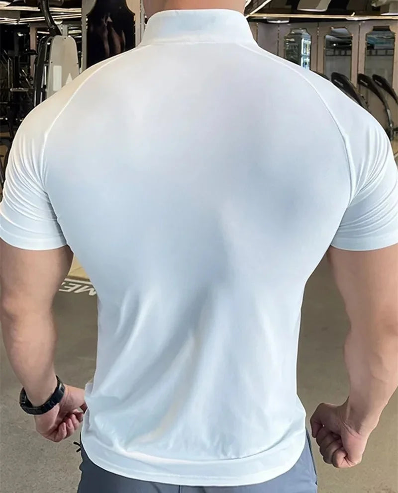 Men's sports T-shirt Quick Dry Elastic Training Running t Shirt Men Fitness short sleeve Shirt Zippered round neck Tights Tops