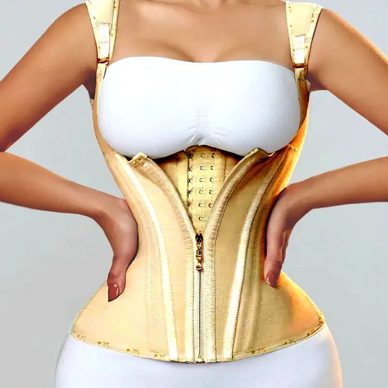 Double Compression Vest Bra Waist Trainer Corset with 17 Steel Bone Flat Belly Strap Slim Body Shaper Fajas Colombianas Girdles