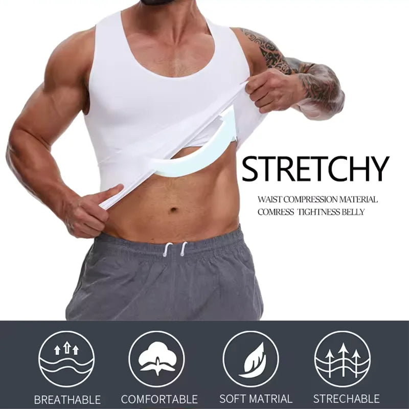 2 PCS Men Slimming Shapewear Sexy Body Shaper Posture Correct Vest Compression T-Shirt Body Building Fat Burning Chest Tummy Control Tank Top Sleeveless Under Shirt Breathable Soft Waist Trainer Round Neck Underwear