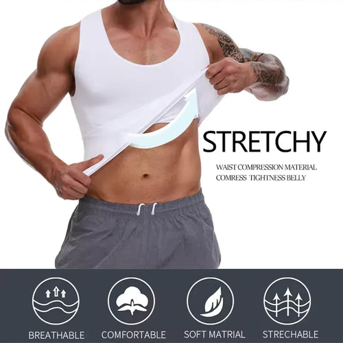 2 PCS Men Slimming Shapewear Sexy Body Shaper Posture Correct Vest Compression T-Shirt Body Building Fat Burning Chest Tummy Control Tank Top Sleeveless Under Shirt Breathable Soft Waist Trainer Round Neck Underwear