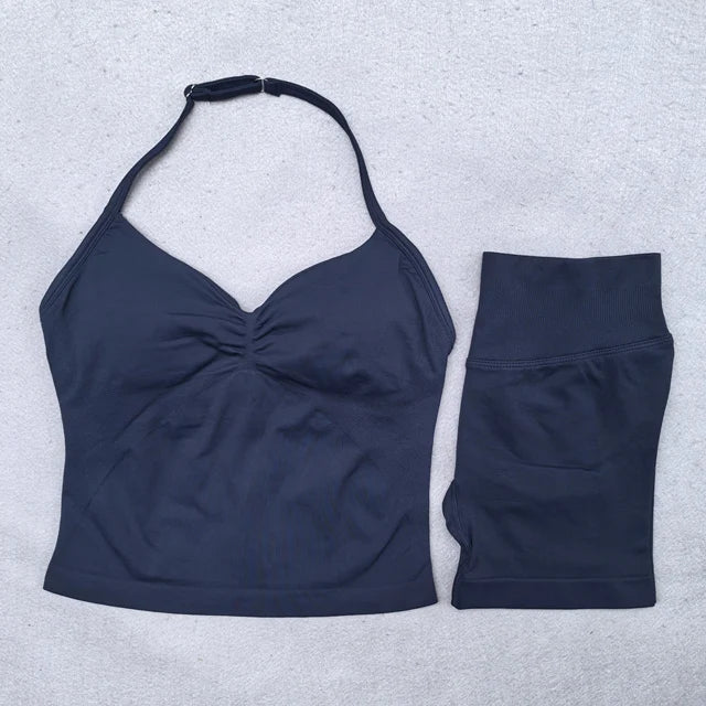 2 Pieces Yoga Set Women Backless Halter Tops High Waist Seamless Shorts Gym Suit Fitness Clothes Sportswear Workout Sets