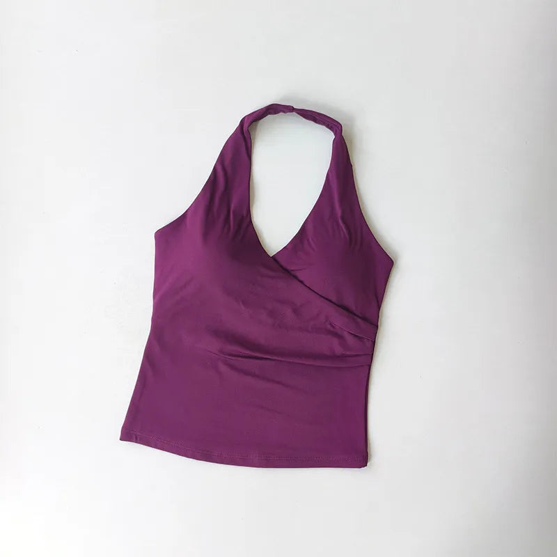 Sexy V-neck Cross Halter Neck Yoga Vest Sleeveless Sports Bra with Chest Pad Naked Sense Fitness Top Beauty Back Design Out Wear