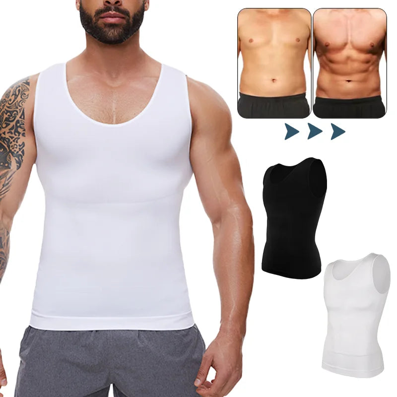 2 PCS Men Slimming Shapewear Sexy Body Shaper Posture Correct Vest Compression T-Shirt Body Building Fat Burning Chest Tummy Control Tank Top Sleeveless Under Shirt Breathable Soft Waist Trainer Round Neck Underwear