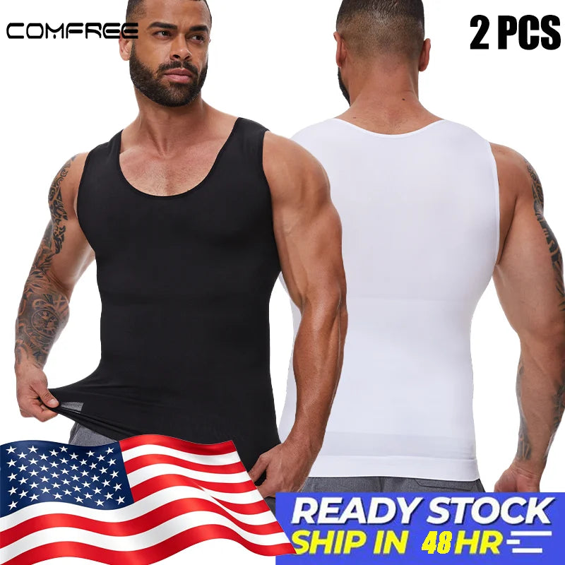 2 PCS Men Slimming Shapewear Sexy Body Shaper Posture Correct Vest Compression T-Shirt Body Building Fat Burning Chest Tummy Control Tank Top Sleeveless Under Shirt Breathable Soft Waist Trainer Round Neck Underwear