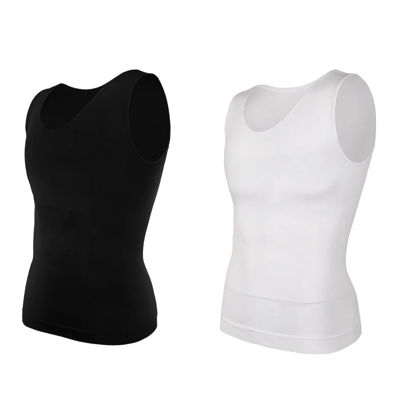 2 PCS Men Slimming Shapewear Sexy Body Shaper Posture Correct Vest Compression T-Shirt Body Building Fat Burning Chest Tummy Control Tank Top Sleeveless Under Shirt Breathable Soft Waist Trainer Round Neck Underwear