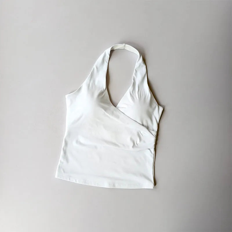 Sexy V-neck Cross Halter Neck Yoga Vest Sleeveless Sports Bra with Chest Pad Naked Sense Fitness Top Beauty Back Design Out Wear