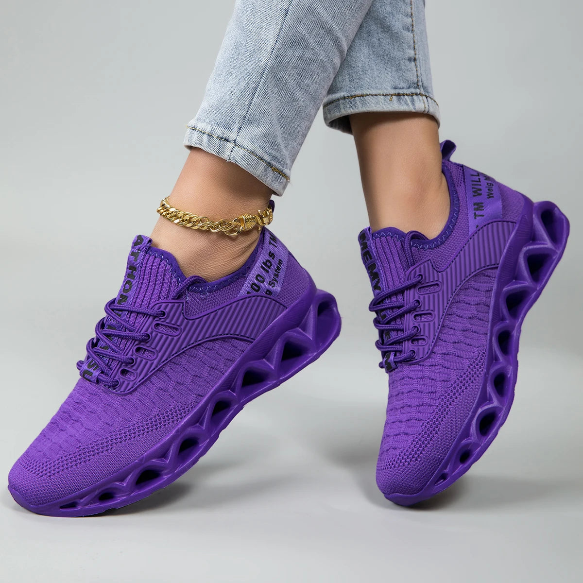 Women Blade Sole Running Sneakers Letter Print Knit Breathable Lightweight Non Slip Fashion Walking Gym Athletic Sport Shoes