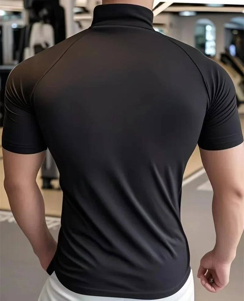 Men's sports T-shirt Quick Dry Elastic Training Running t Shirt Men Fitness short sleeve Shirt Zippered round neck Tights Tops