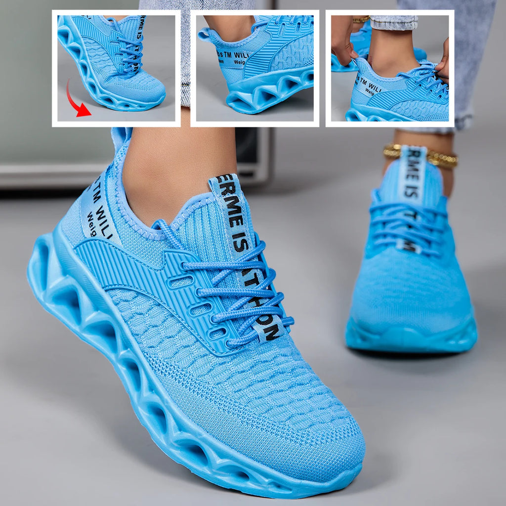 Women Blade Sole Running Sneakers Letter Print Knit Breathable Lightweight Non Slip Fashion Walking Gym Athletic Sport Shoes