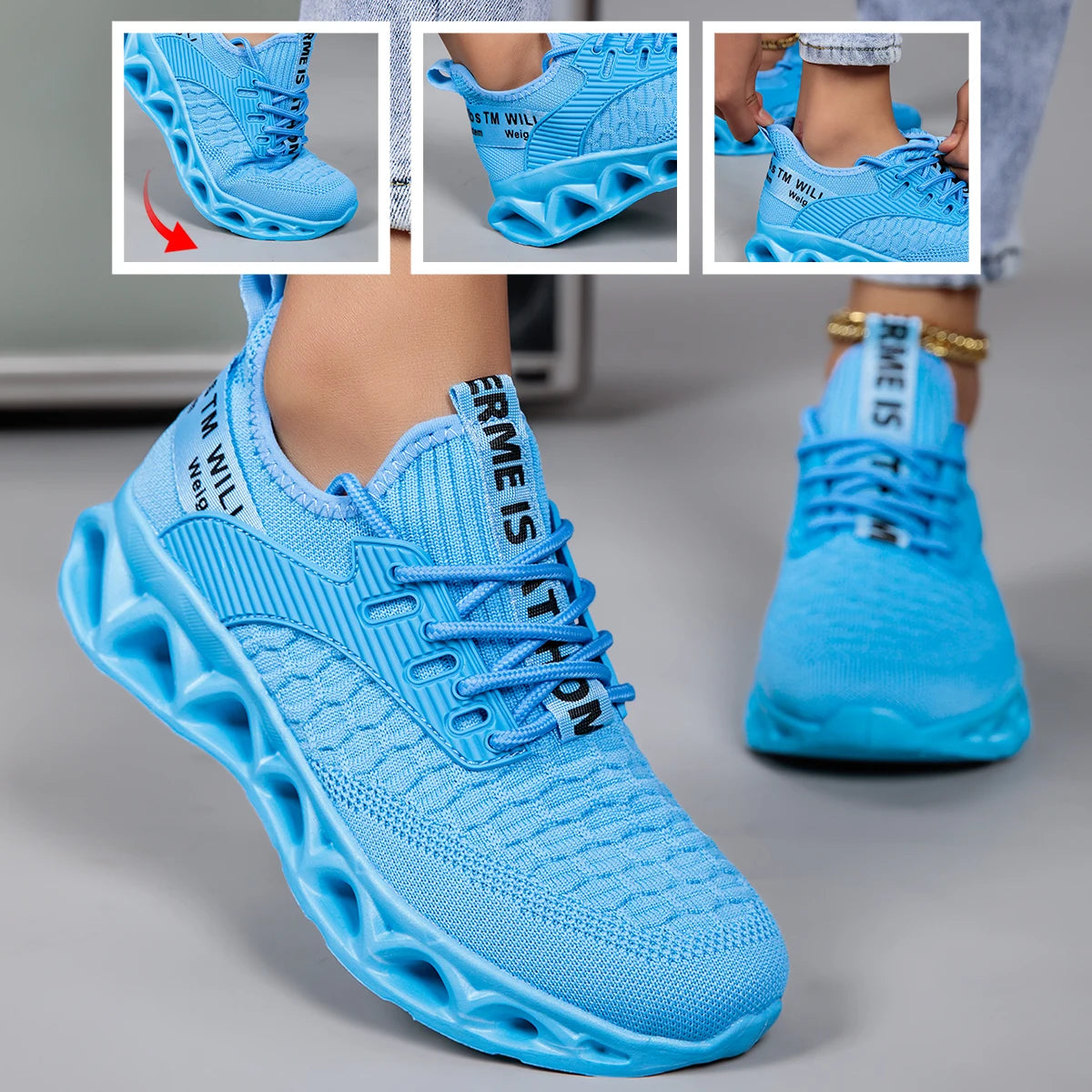 Women Blade Sole Running Sneakers Letter Print Knit Breathable Lightweight Non Slip Fashion Walking Gym Athletic Sport Shoes