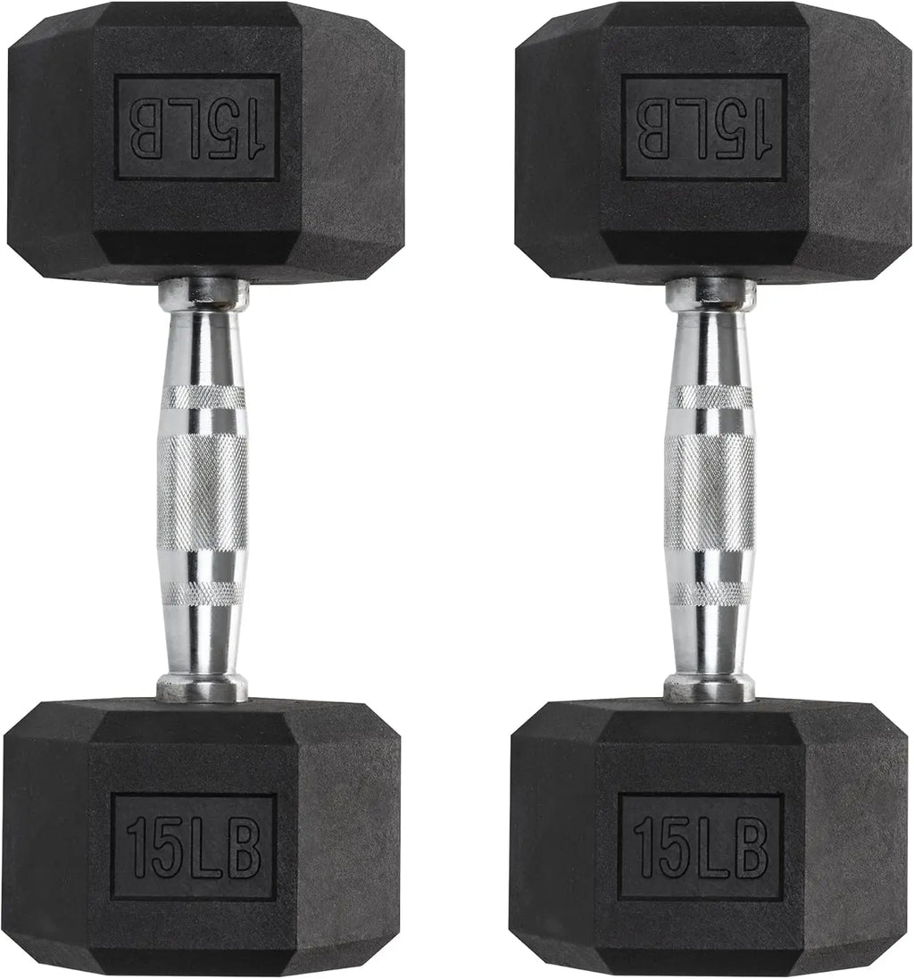 Home Gym Training Gear - Heavy Duty PVC Coated Hex Dumbbells in Chrome, 3 Lb to 50Lb Options, Sold in Pairs