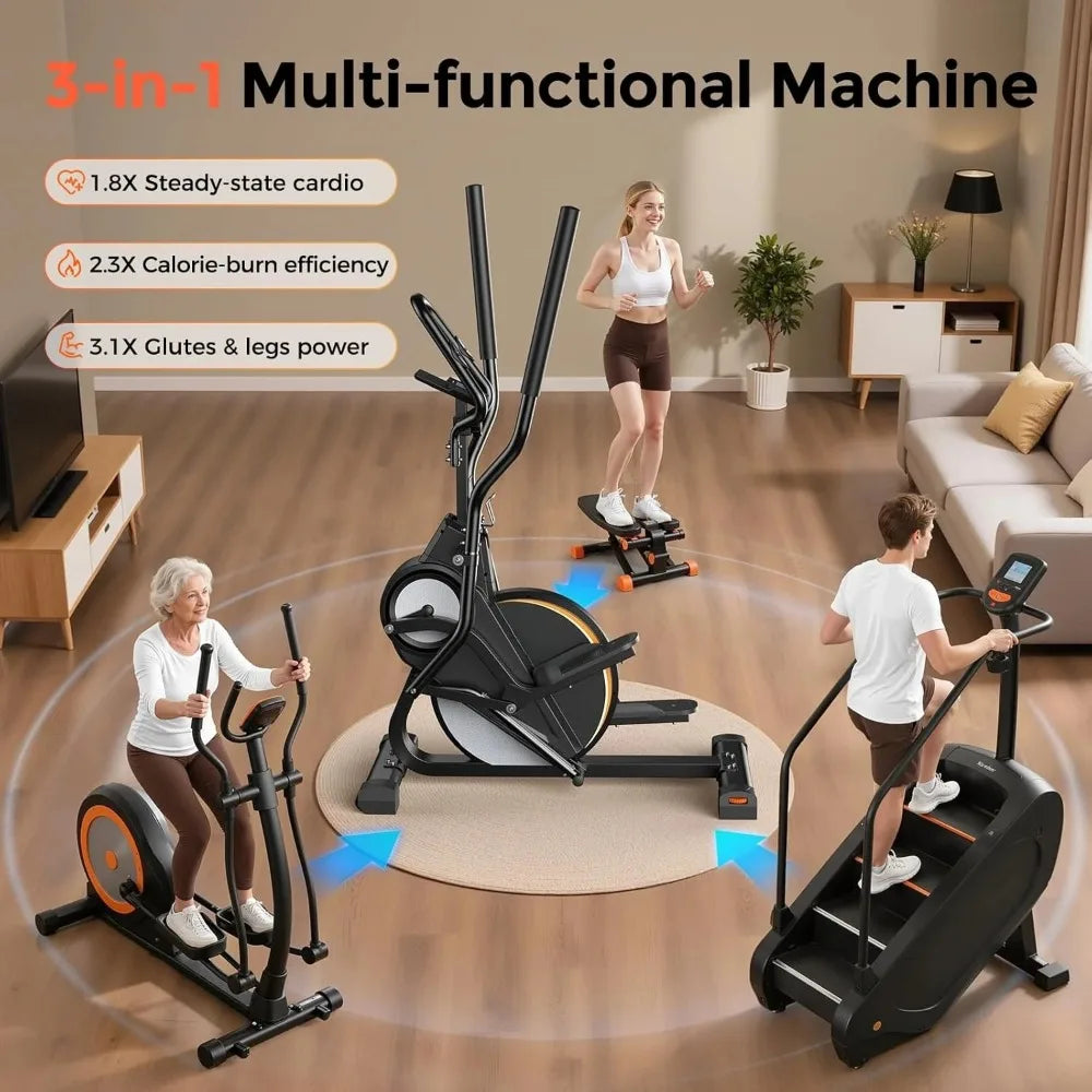 3-in 1 Elliptical Machine Cardio Climber Stair Stepper Home Gym Full Body Workout Cross Trainer Compact Cardio Fitness Equipment