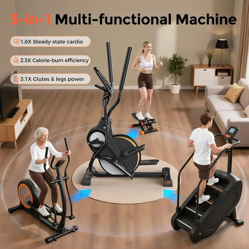 3-in 1 Elliptical Machine Cardio Climber Stair Stepper Home Gym Full Body Workout Cross Trainer Compact Cardio Fitness Equipment