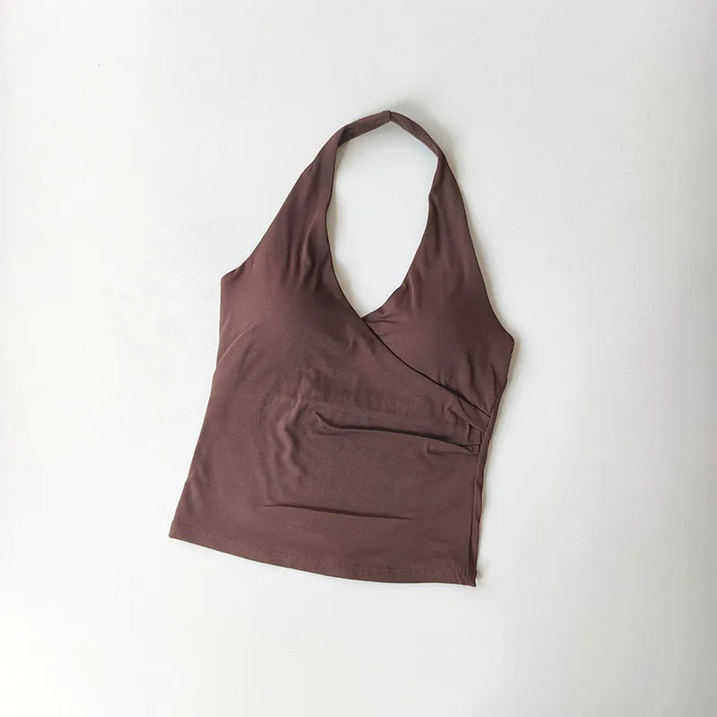 Sexy V-neck Cross Halter Neck Yoga Vest Sleeveless Sports Bra with Chest Pad Naked Sense Fitness Top Beauty Back Design Out Wear