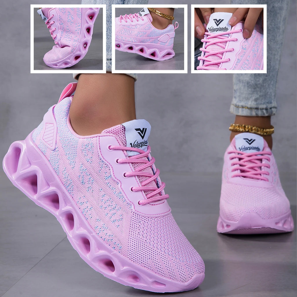Women Breathable Flying Woven Blade Sneakers, Hollow Shock Absorbing Cushion Athletic Shoes, Lightweight Mesh Non Slip Fashion Walking Jogging Sports Trainers