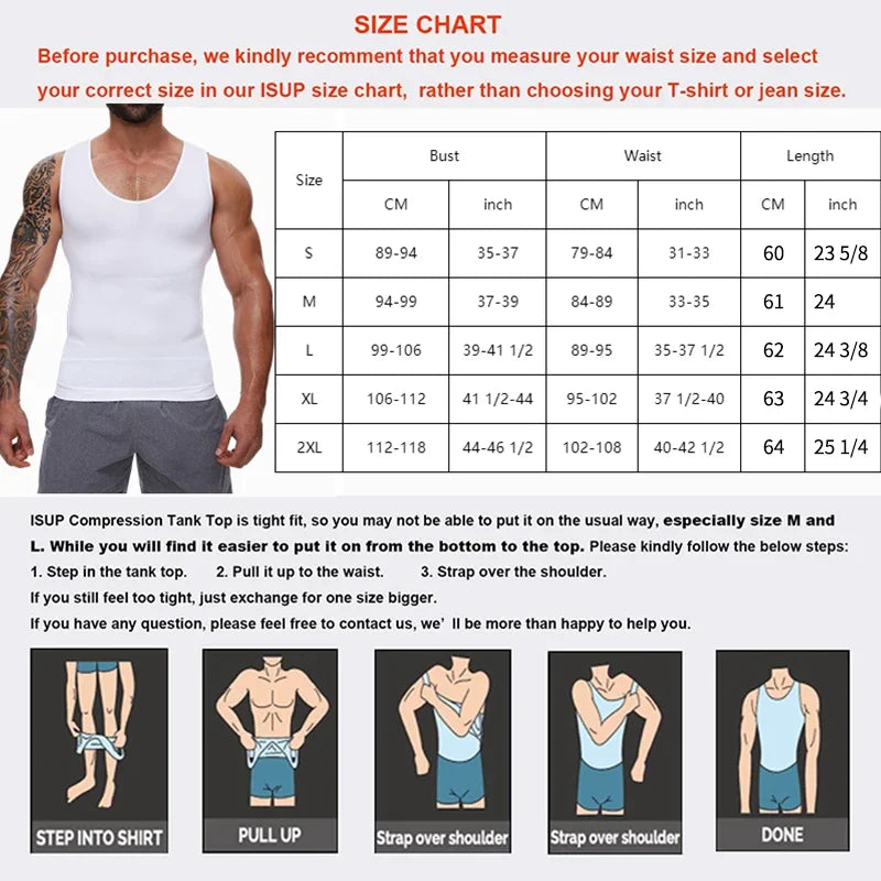 2 PCS Men Slimming Shapewear Sexy Body Shaper Posture Correct Vest Compression T-Shirt Body Building Fat Burning Chest Tummy Control Tank Top Sleeveless Under Shirt Breathable Soft Waist Trainer Round Neck Underwear