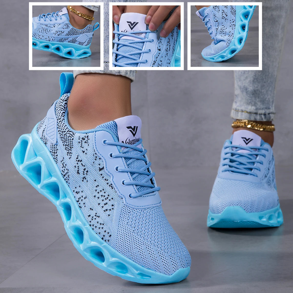 Women Breathable Flying Woven Blade Sneakers, Hollow Shock Absorbing Cushion Athletic Shoes, Lightweight Mesh Non Slip Fashion Walking Jogging Sports Trainers