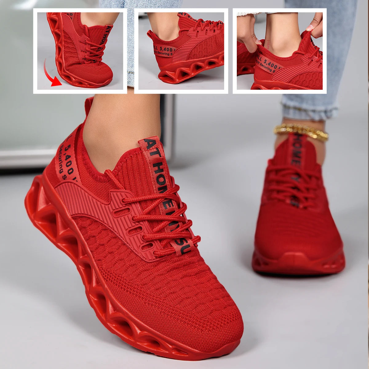 Women Blade Sole Running Sneakers Letter Print Knit Breathable Lightweight Non Slip Fashion Walking Gym Athletic Sport Shoes
