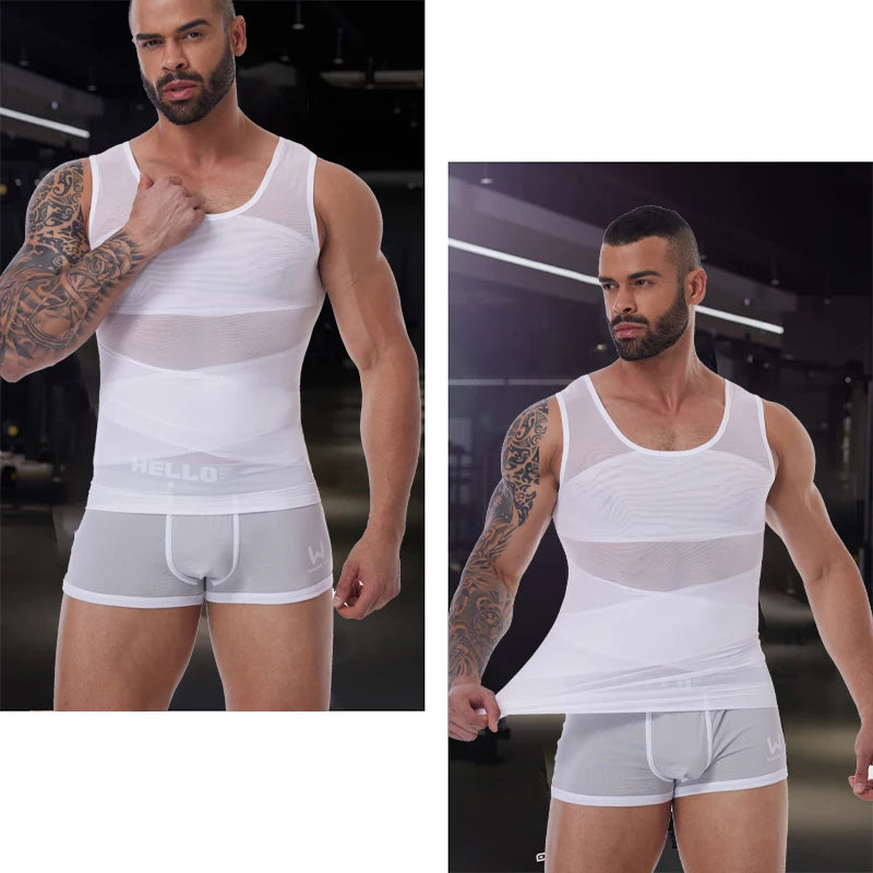 Mens Slimming Body Shaper Vest Gynecomastia Compression Shirts Tummy Control Sleeveless Undershirts Criss Cross Mesh Underwear