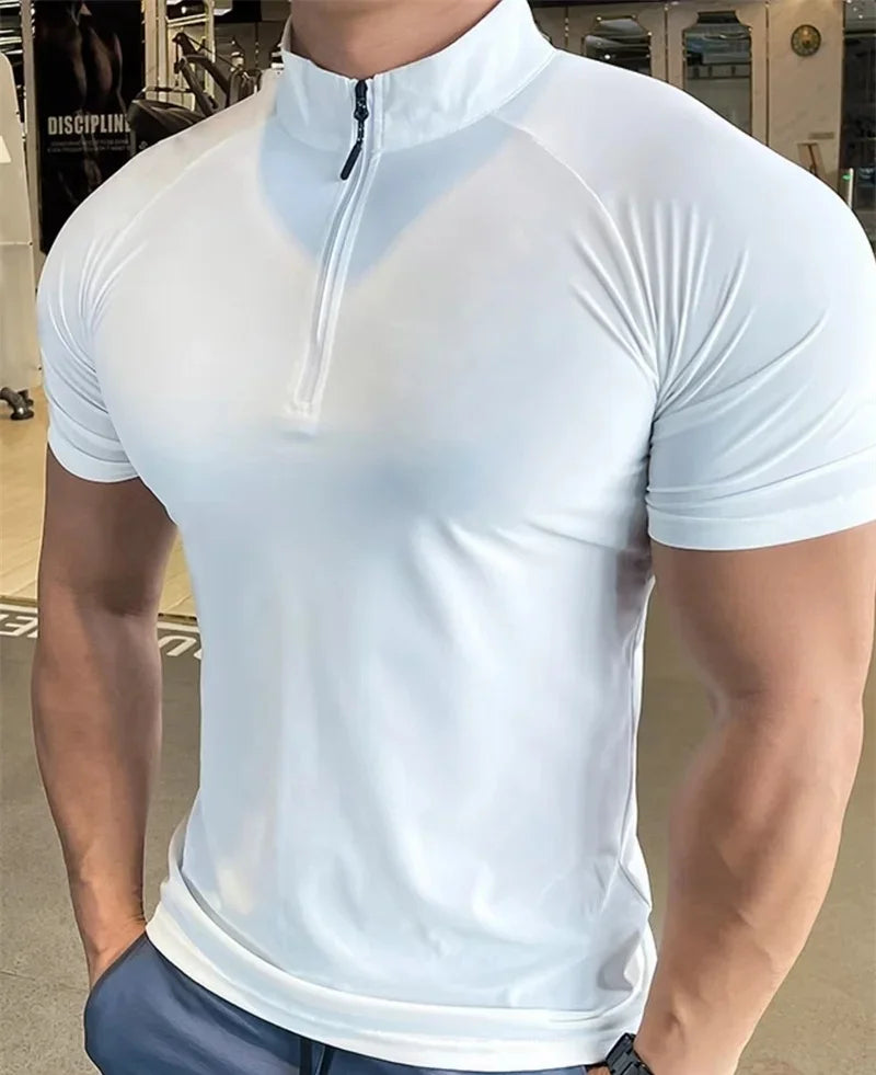 Men's sports T-shirt Quick Dry Elastic Training Running t Shirt Men Fitness short sleeve Shirt Zippered round neck Tights Tops