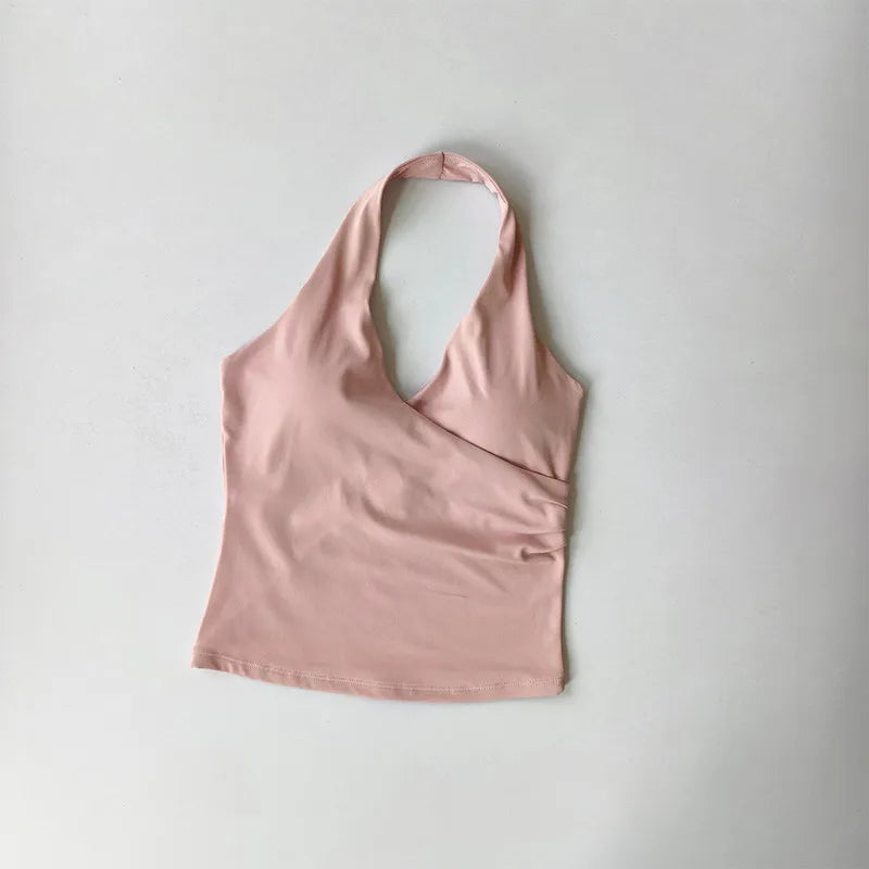Sexy V-neck Cross Halter Neck Yoga Vest Sleeveless Sports Bra with Chest Pad Naked Sense Fitness Top Beauty Back Design Out Wear