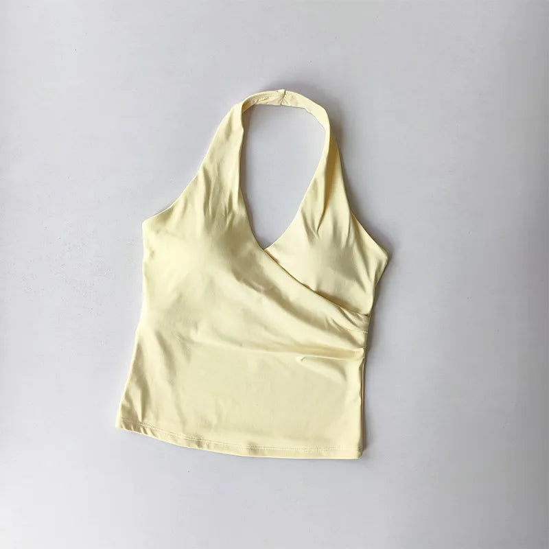 Sexy V-neck Cross Halter Neck Yoga Vest Sleeveless Sports Bra with Chest Pad Naked Sense Fitness Top Beauty Back Design Out Wear