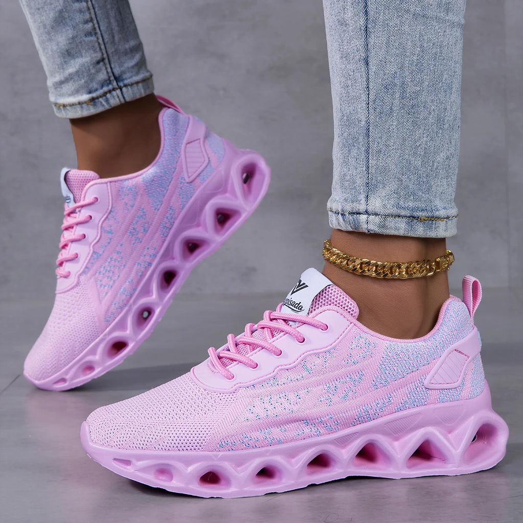 Women Breathable Flying Woven Blade Sneakers, Hollow Shock Absorbing Cushion Athletic Shoes, Lightweight Mesh Non Slip Fashion Walking Jogging Sports Trainers