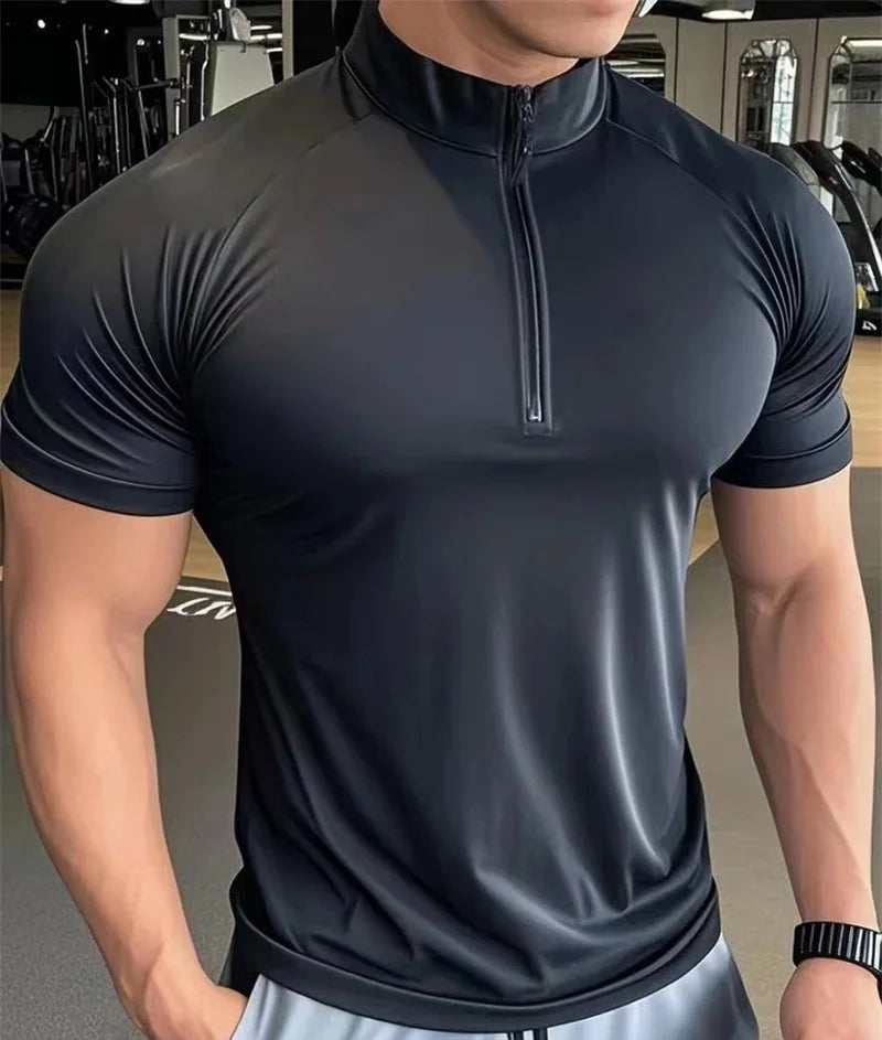 Men's sports T-shirt Quick Dry Elastic Training Running t Shirt Men Fitness short sleeve Shirt Zippered round neck Tights Tops